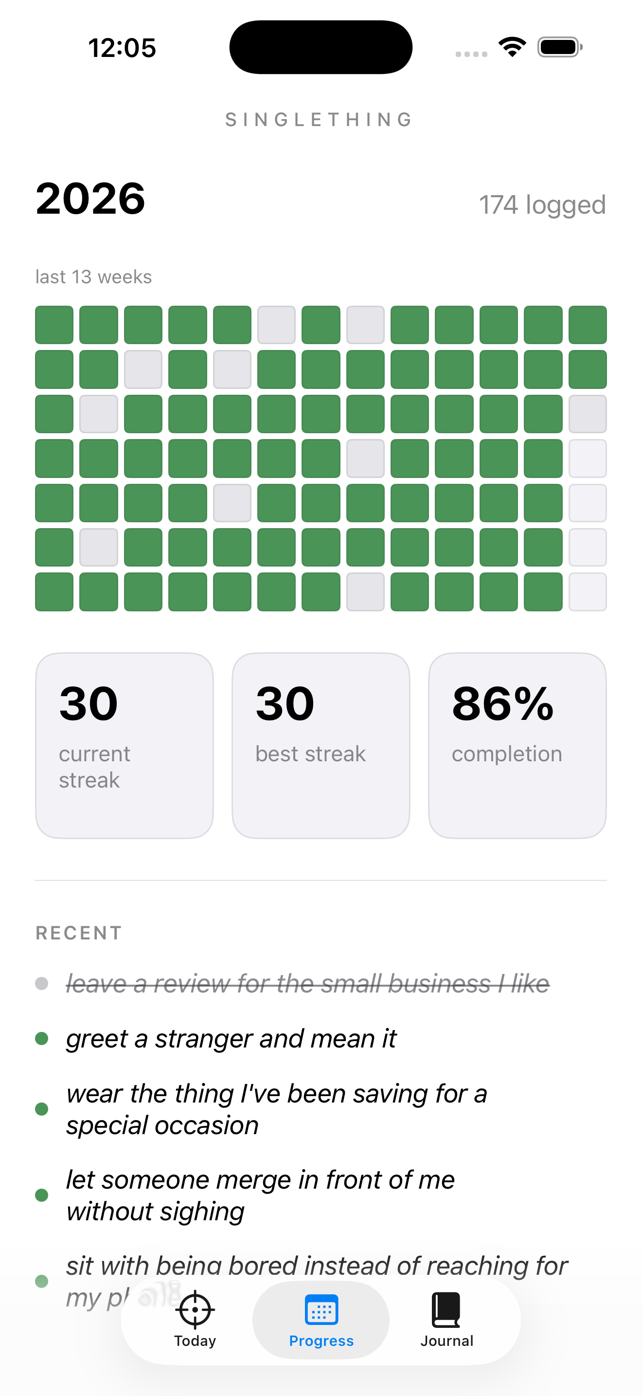Singlething streak screen