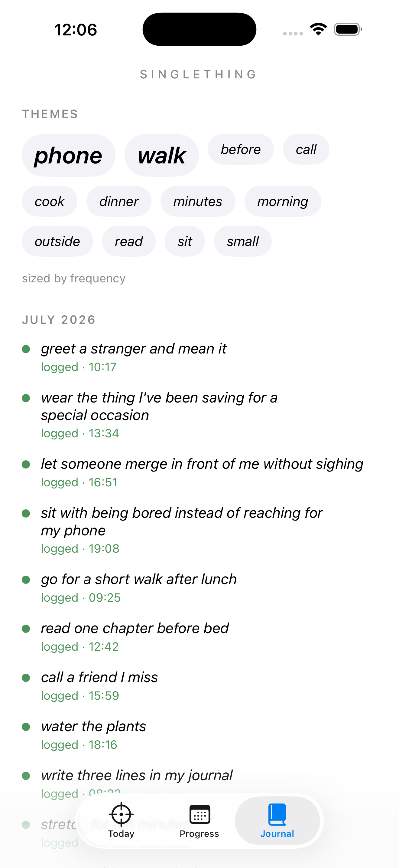 Singlething journal screen