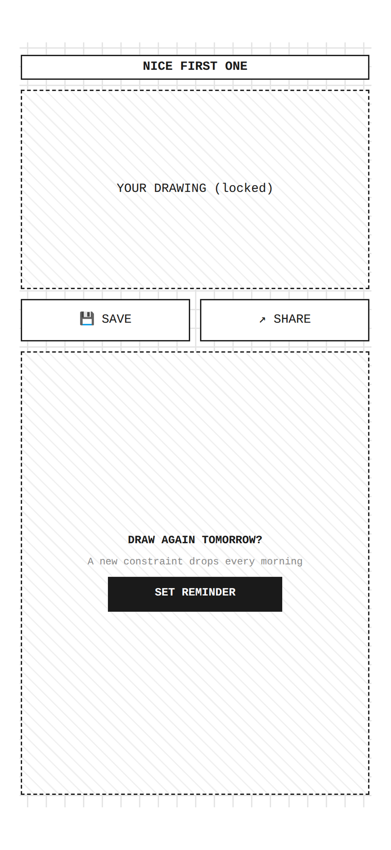 First save screen with locked drawing and reminder prompt
